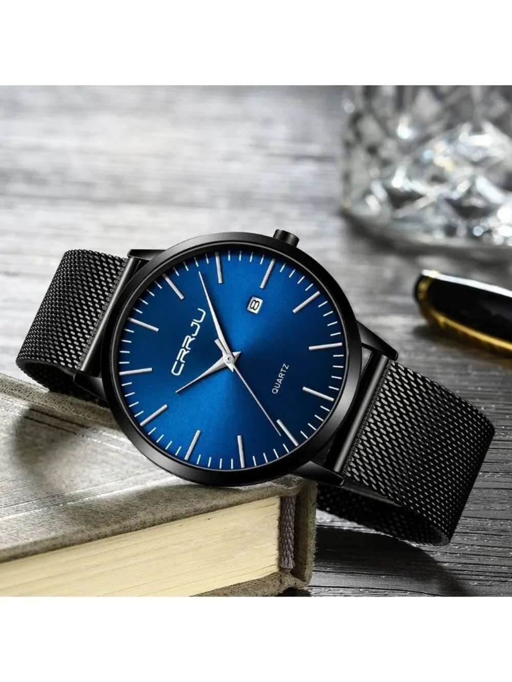 Men's Silver Blue Minimalist Luxury Quartz Stainless Steel Band Classic Watch